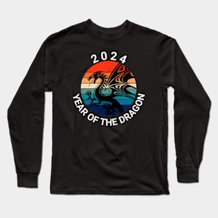 2024 Year of the Dragon, Retro Sunset Dragon, Year of the Dragon 2024, Happy New Year 2024 Long Sleeve T-Shirt